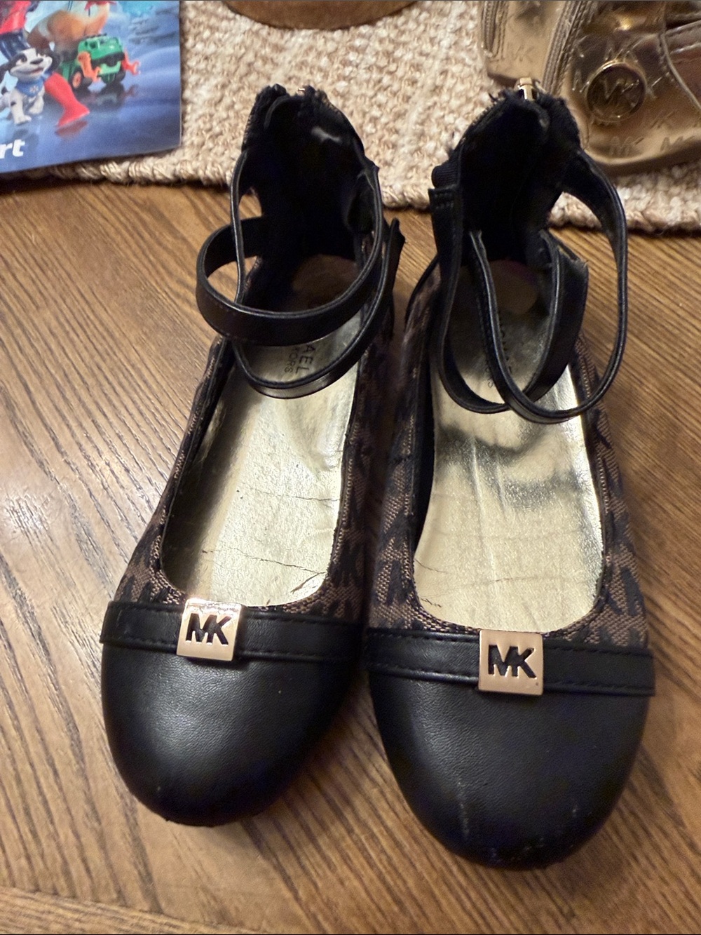 Michael Kors Brown Logo and Black Ankle-Strap Flats for Kids
